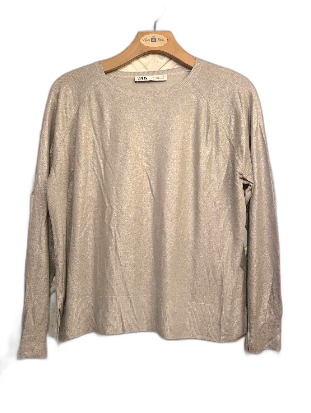 Zara Silver-Gray Crewneck Sweater Top Metallic Raglan Sleeves Size Large Office